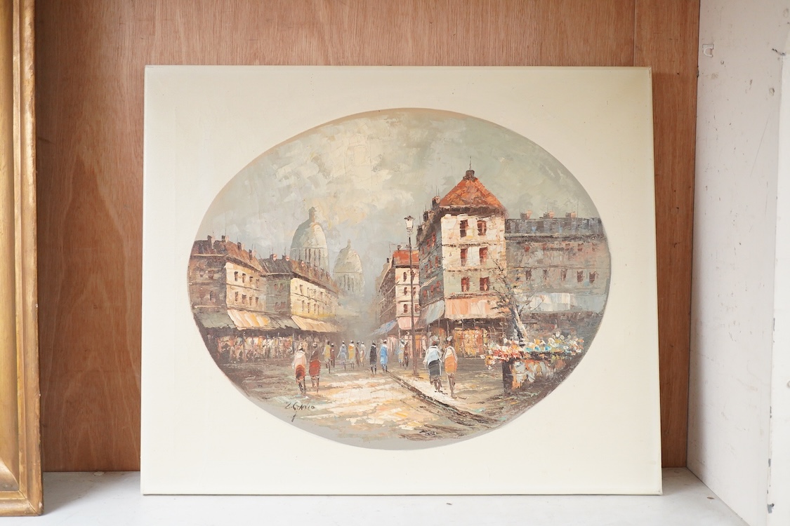 Impressionist, Busy French street scene, indistinctly signed, feigned oval oil on canvas, overall 50 x 60cm, unframed